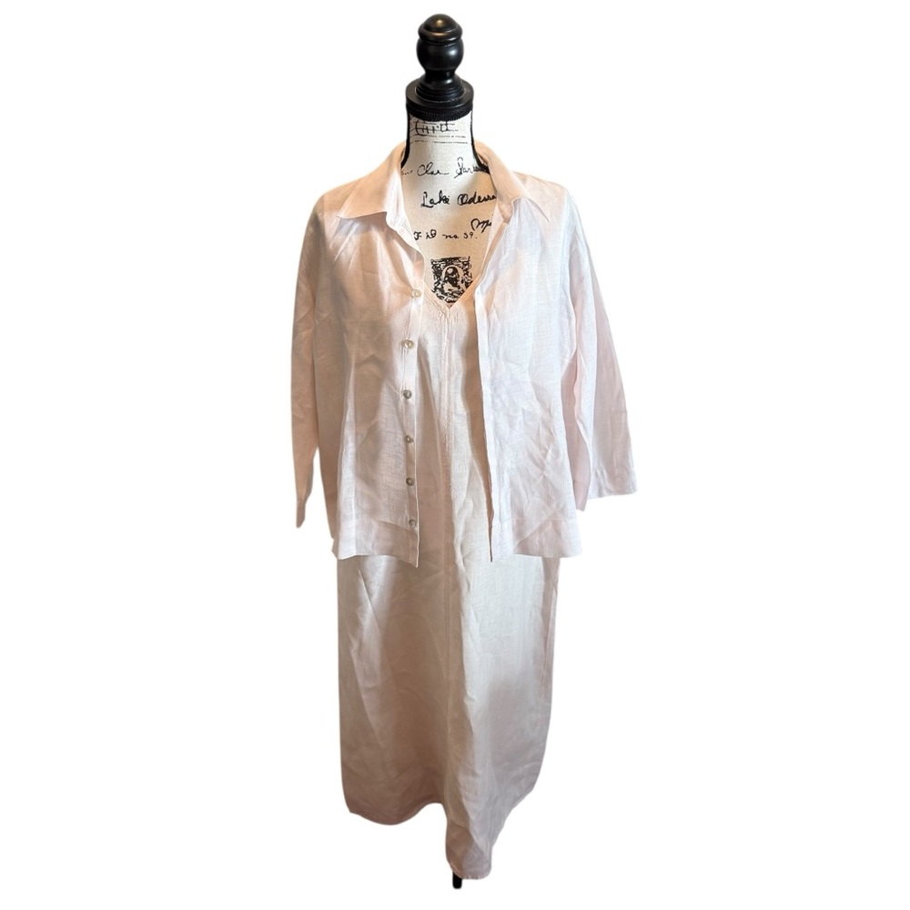 Chico's Design Vintage Linen 2pc Maxi Dress Button shirt Set Pink Size 2 Large